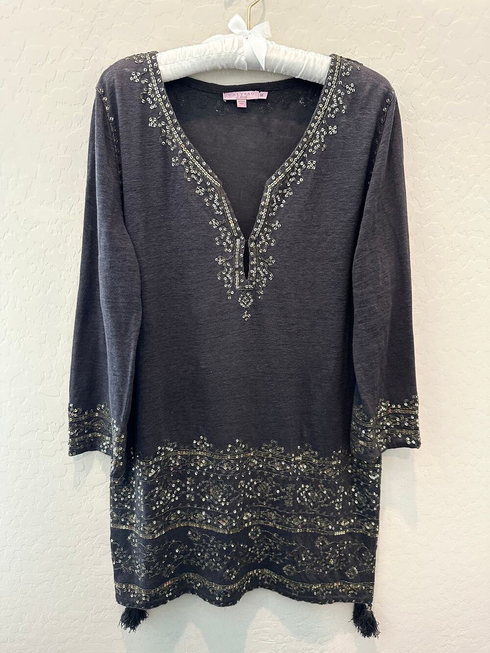 CALYPSO St. Barth 100% Linen Sequin Embellished Tunic Dress Boho Luxe Medium - Picture 1 of 9